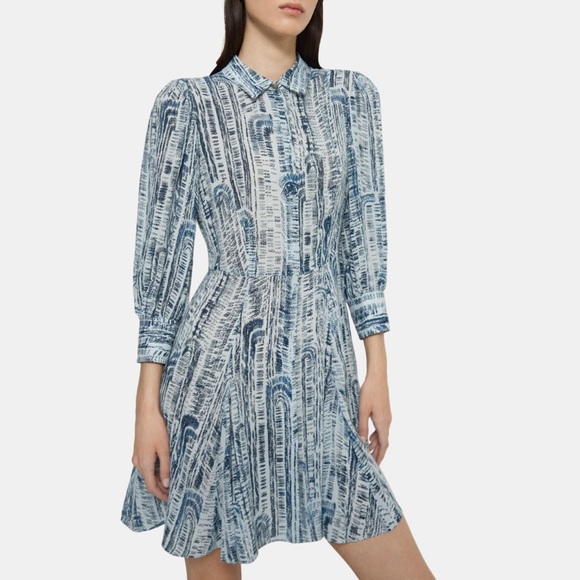 Theory Dresses & Skirts - Theory 100% Silk Point-Collar Shirtdress Block Printed 3/4 Sleeves Mini Dress 4